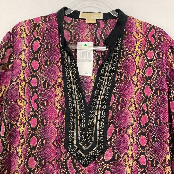 New Michael Michael Kors size 1X Purple Black Split Neck Reptile Print Boho Top - Picture 4 of 11